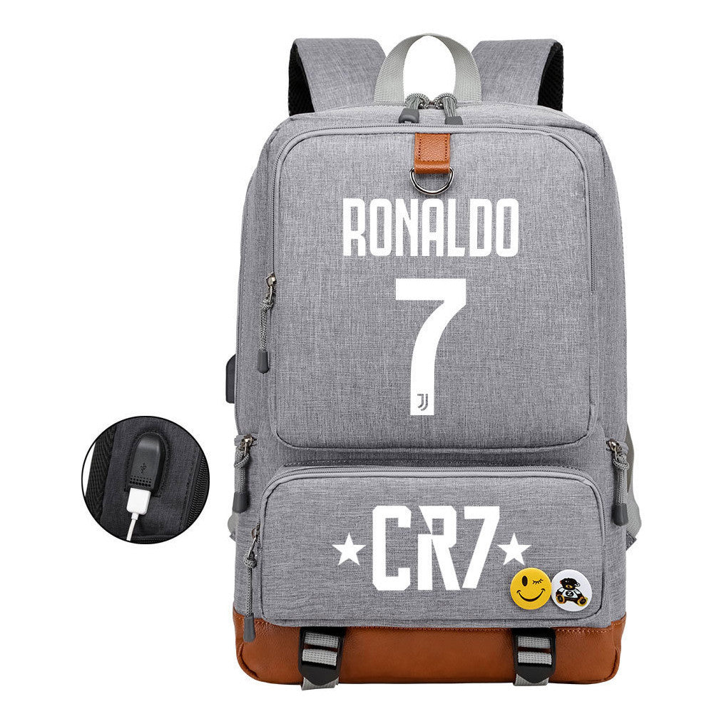 Football Star Cristiano Ronaldo Printed Usb Student Backpack For Boys And Girls Leisure Travel Backpack