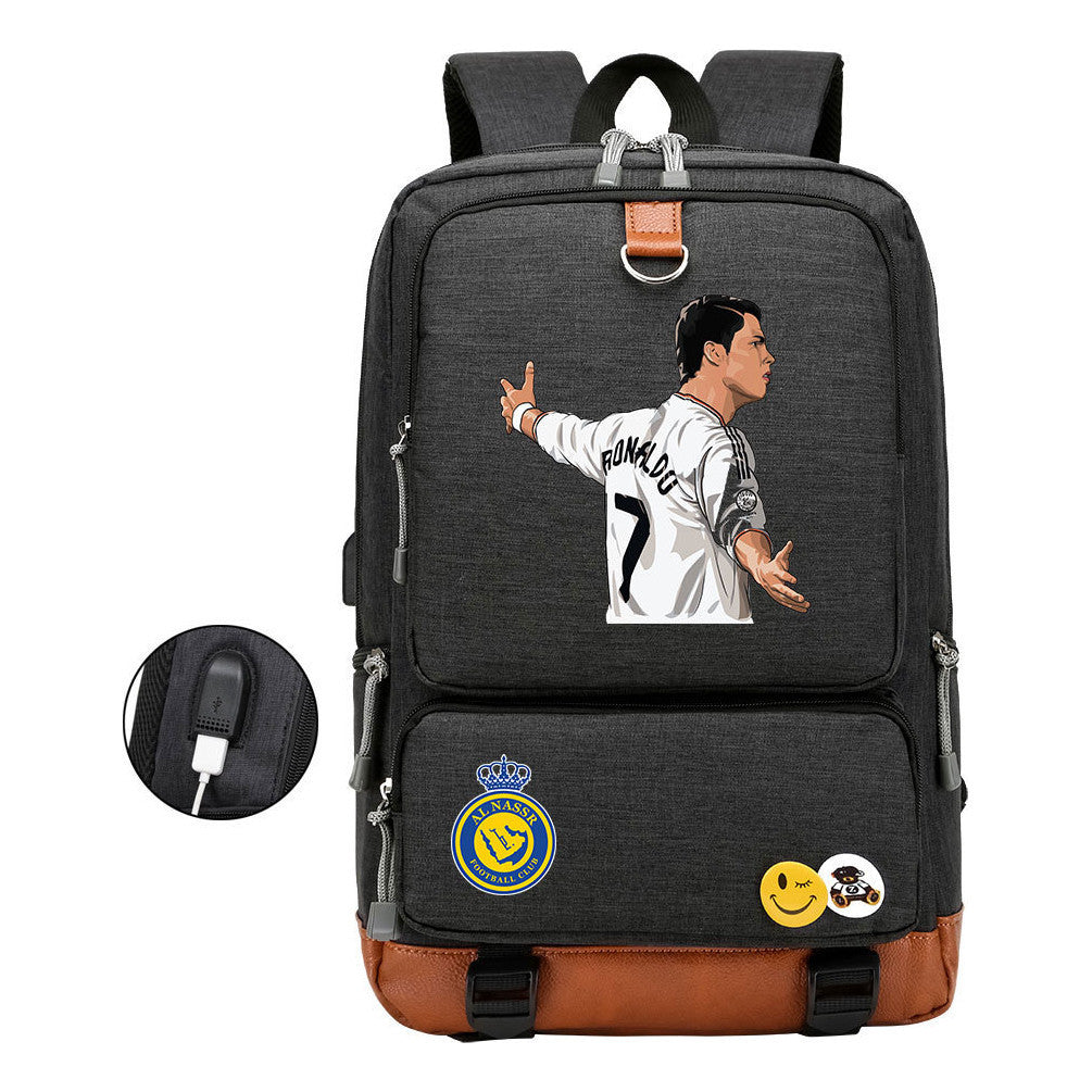 Football Star Cristiano Ronaldo Printed Usb Youth Student Backpack For Leisure Travel Backpack