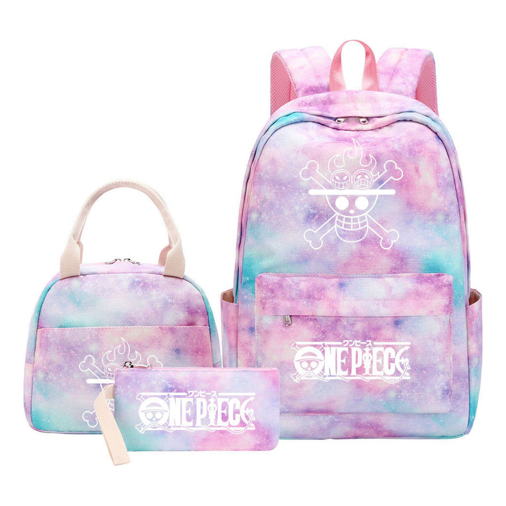 Cartoon Pirate King Youth Student Girls School Bag Lunch Bag Three Piece Set Backpack Set