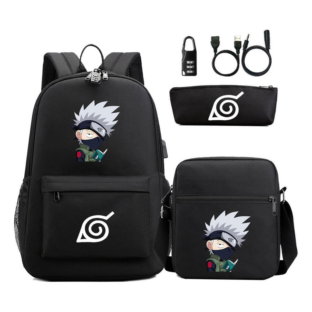 Naruto Usb Password Lock Backpack Three Piece Set For Men And Women Backpack Set