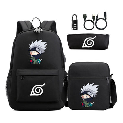 Naruto Usb Password Lock Backpack Three Piece Set For Men And Women Backpack Set