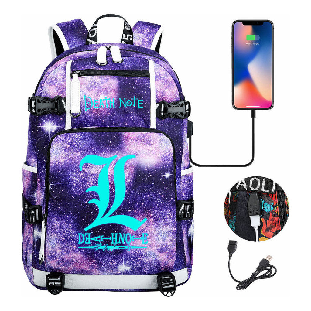 Blue Night Light Death Note Usb Youth Student School Bag Men's And Women's Leisure Travel Backpack