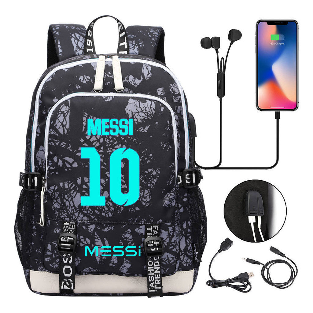 Blue Luminous Sports Football Star Teenagers Schoolbag Usb Leisure Backpack Men And Women