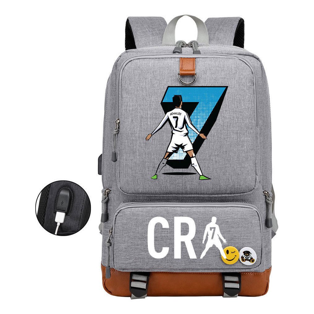 Football Star Cristiano Ronaldo Printed Usb Youth Primary And Secondary School Backpack For Boy And Girl's Leisure Travel Backpack