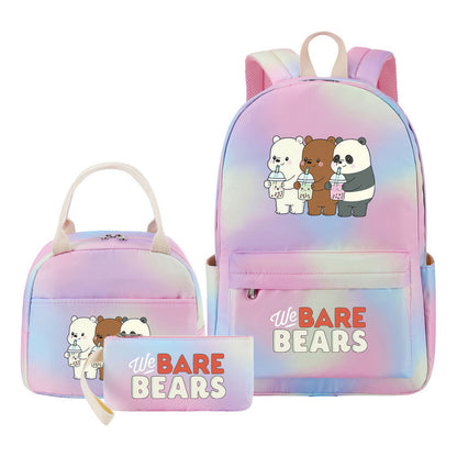 Cartoon Cute Three Bears Youth Student Girls School Bag Lunch Bag Three Piece Set Backpack Set