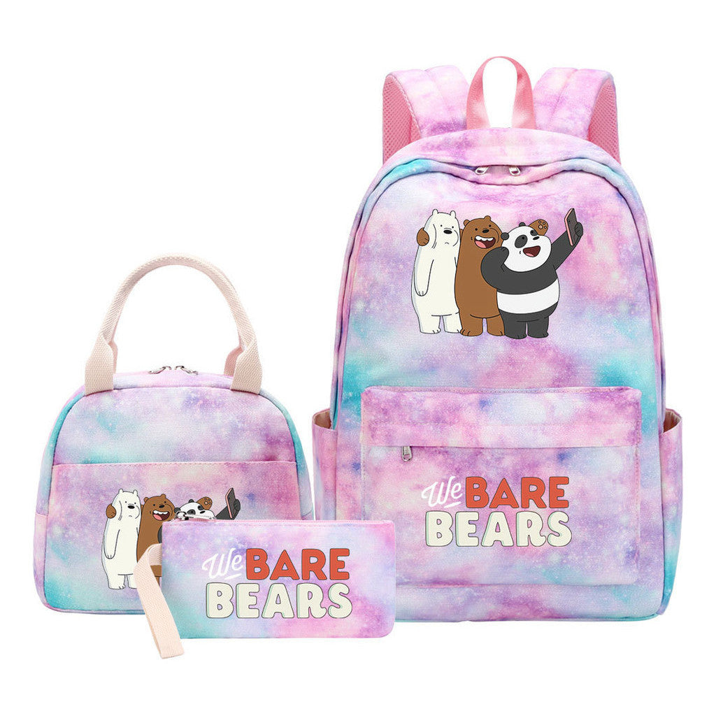 Cartoon Cute Three Bears Youth Student Girls School Bag Lunch Bag Three Piece Set Backpack Set