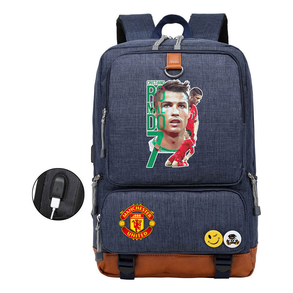 Football Star Cristiano Ronaldo Printed Usb Student Backpack For Leisure Travel Backpack