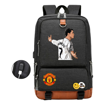Football Star Cristiano Ronaldo Printed Usb Youth Backpack For Leisure Travel Backpack