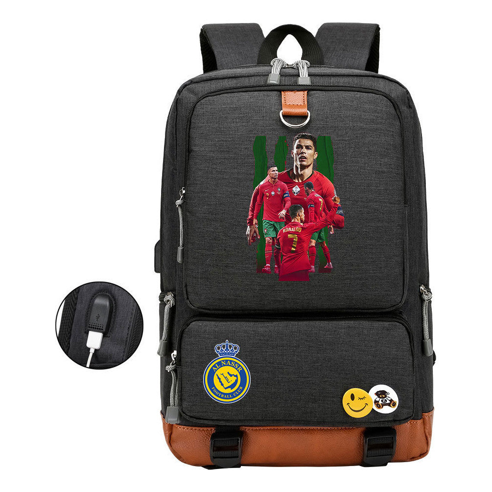 Football Star Cristiano Ronaldo Printed Usb Student Backpack Leisure Travel Backpack