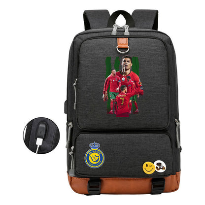 Football Star Cristiano Ronaldo Printed Usb Student Backpack Leisure Travel Backpack
