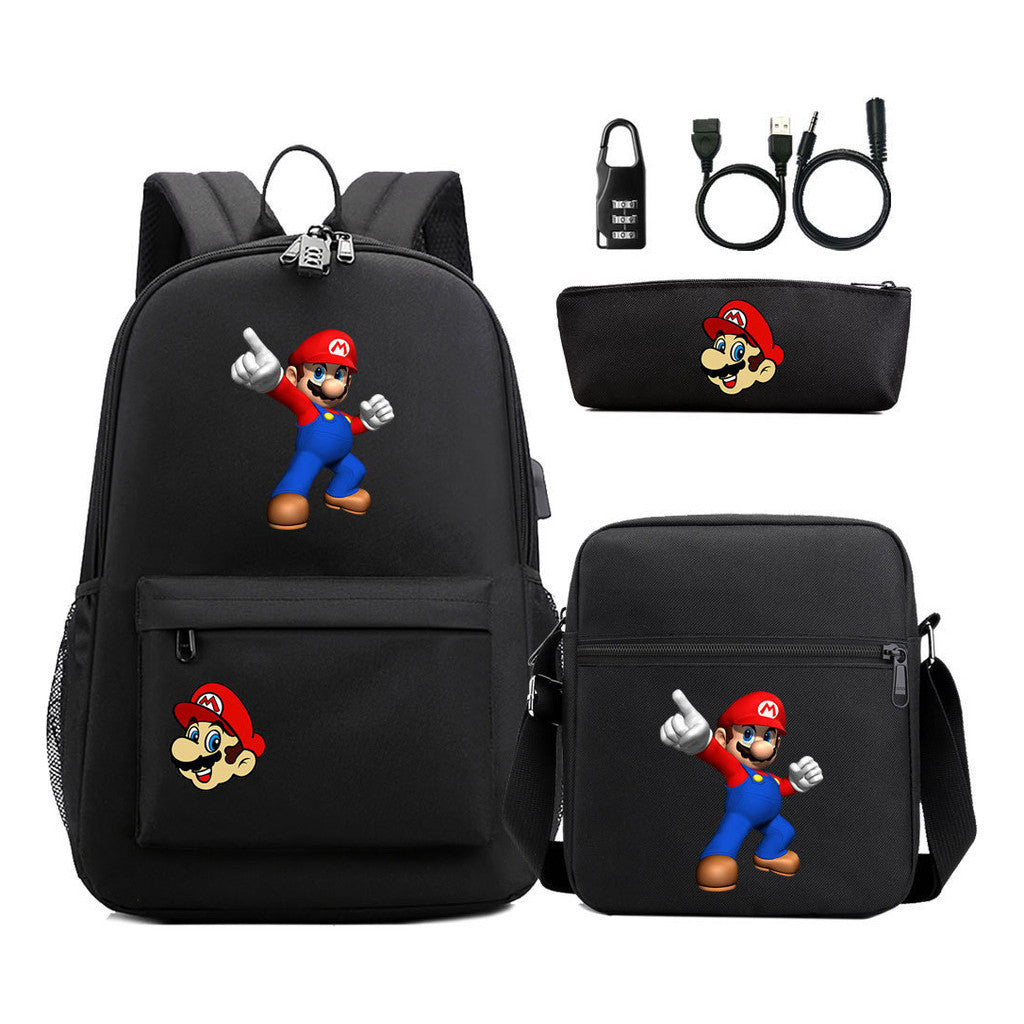 Super Mario Usb Password Lock Youth Student Backpack 3-piece Set For Men And Women Backpacks