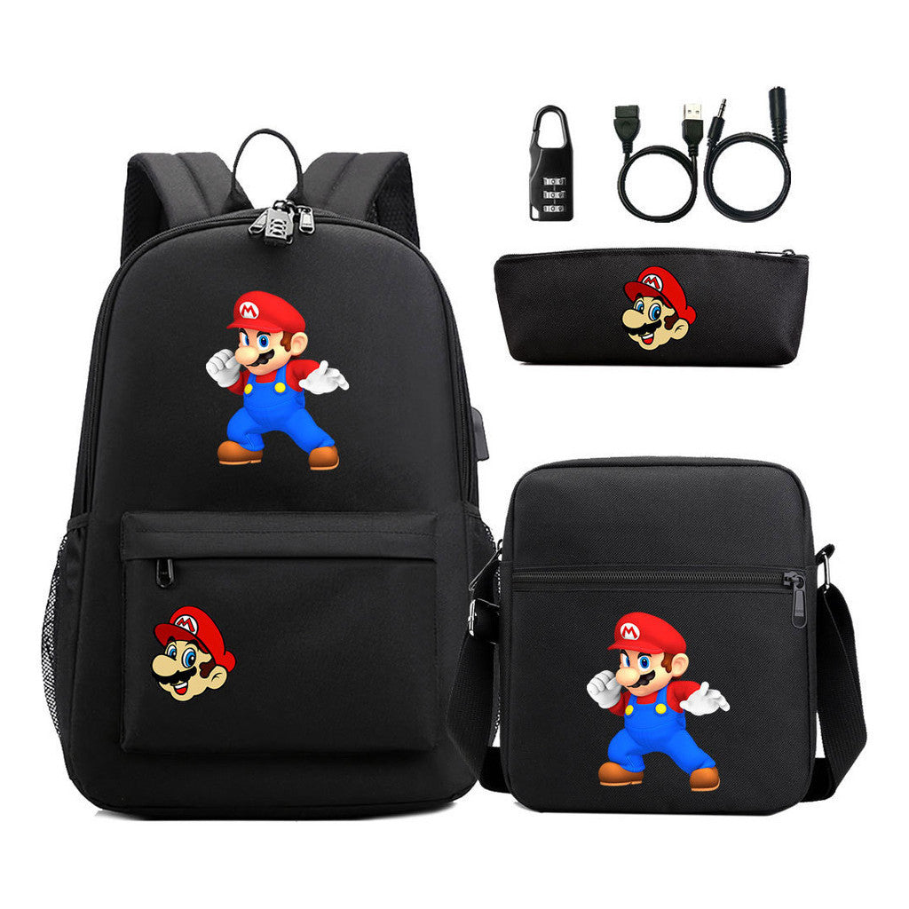 Super Mario Usb Password Lock Youth Student Backpack 3-piece Set For Men And Women Backpacks