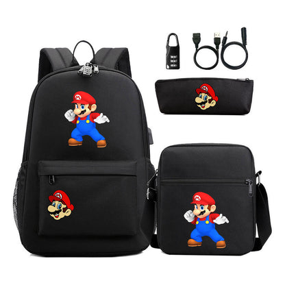 Super Mario Usb Password Lock Youth Student Backpack 3-piece Set For Men And Women Backpacks