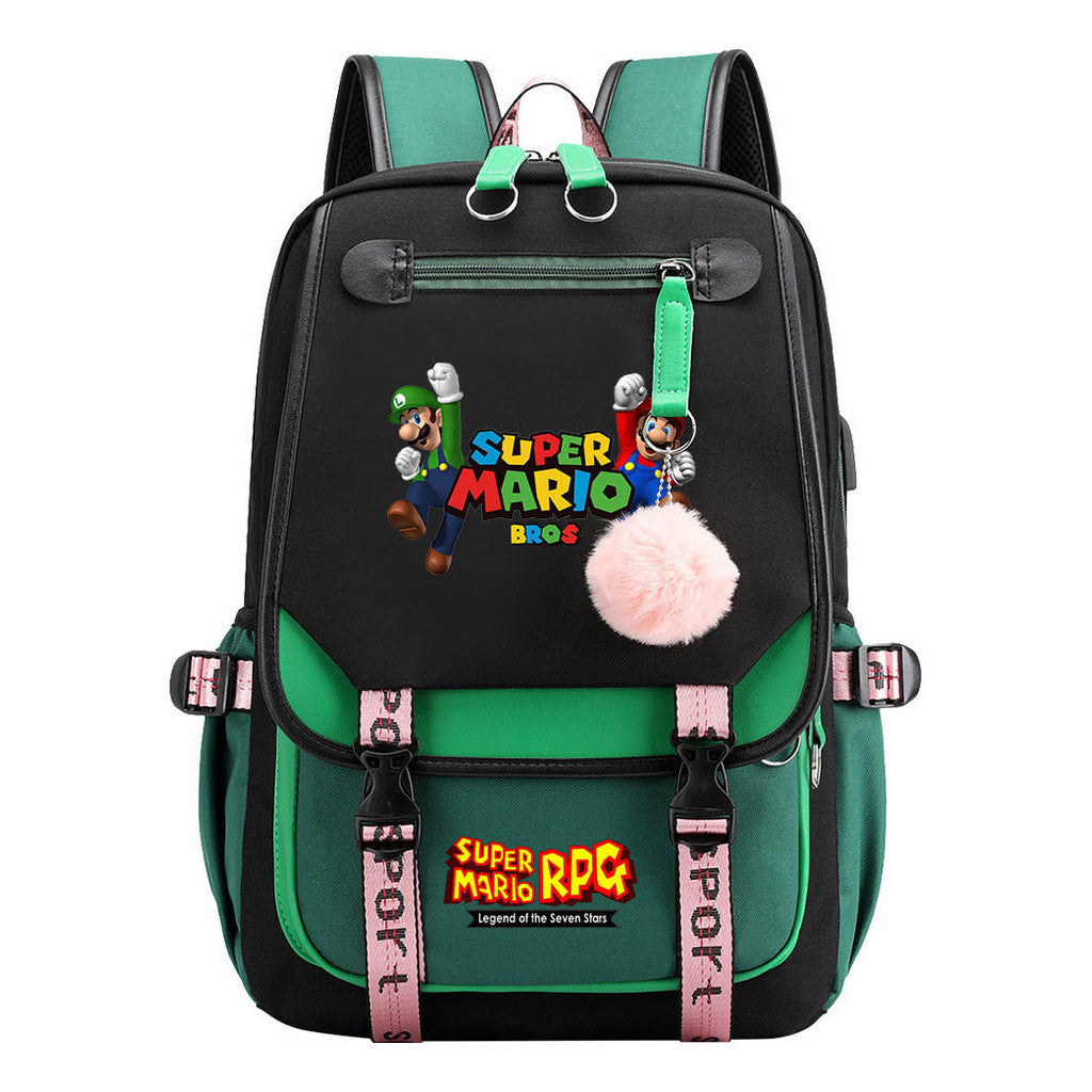 Super Mario Printed Usb Youth Student Backpack For Men And Women With Casual Woven Strap Flap Backpack