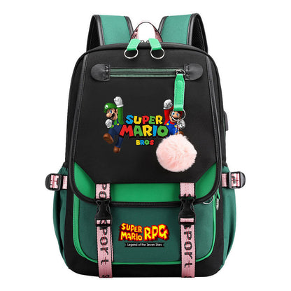 Super Mario Printed Usb Youth Student Backpack For Men And Women With Casual Woven Strap Flap Backpack