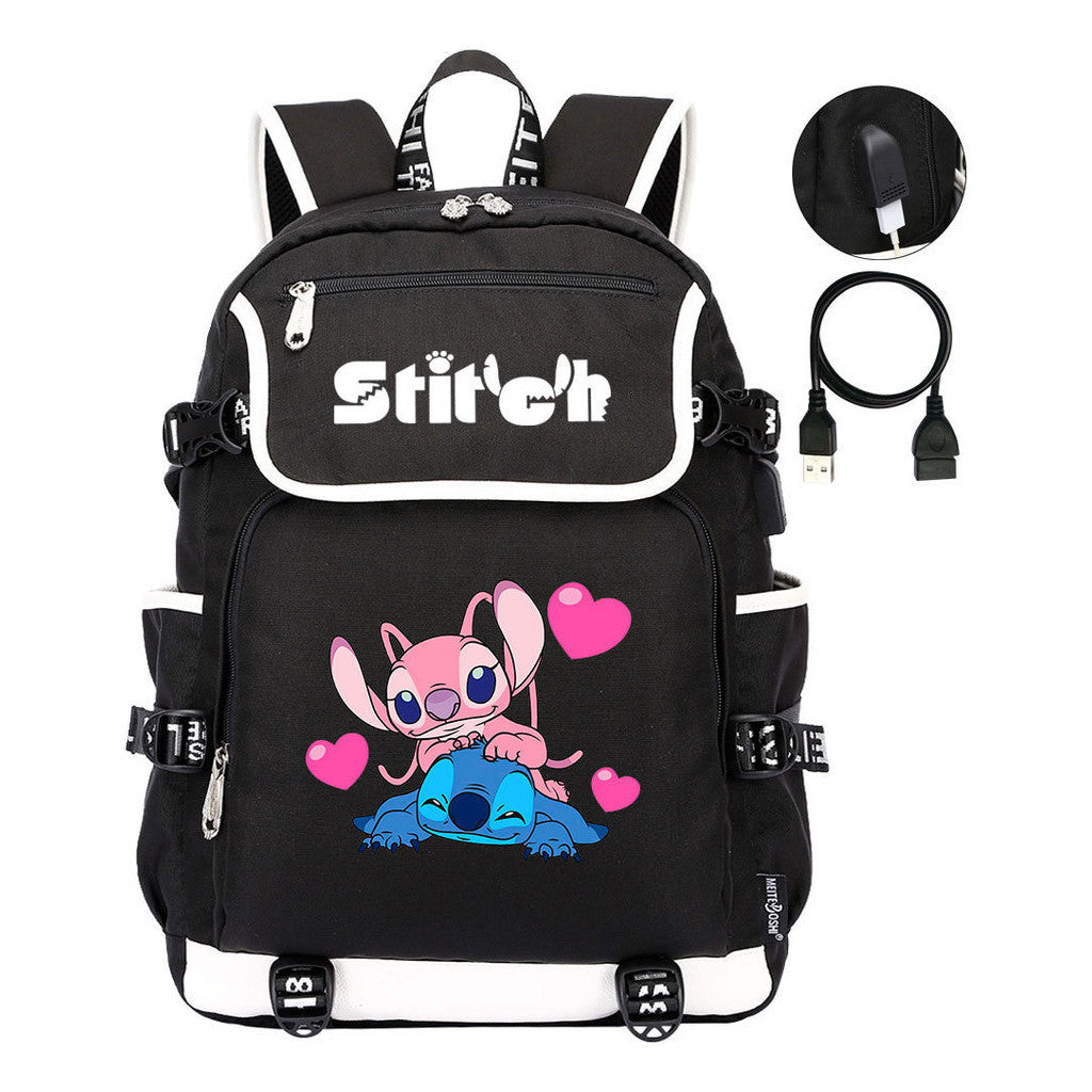 Anime Star Baby Stitch Printed Usb Student Backpack For Men And Women's Leisure Travel Backpack