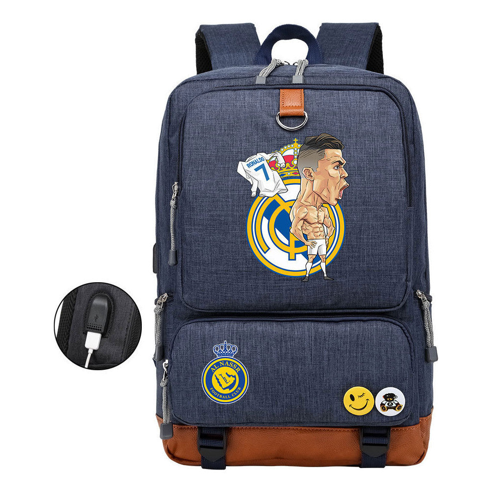 Football Star Cristiano Ronaldo Printed Usb Youth Student Backpack For Leisure Travel Backpack