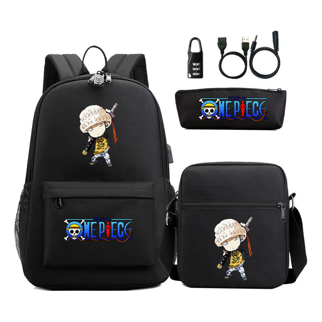 Cartoon Pirate King Usb Password Lock Youth Student Backpack Three Piece Set Backpack