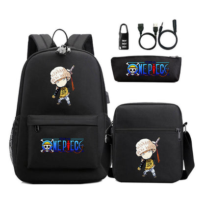 Cartoon Pirate King Usb Password Lock Youth Student Backpack Three Piece Set Backpack