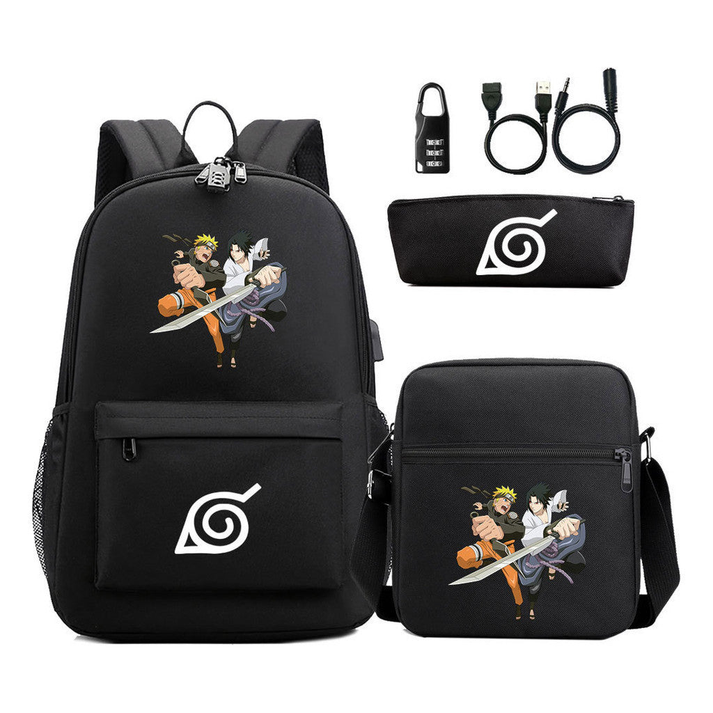 Naruto Usb Password Lock Backpack Three Piece Set For Men And Women Backpack Set