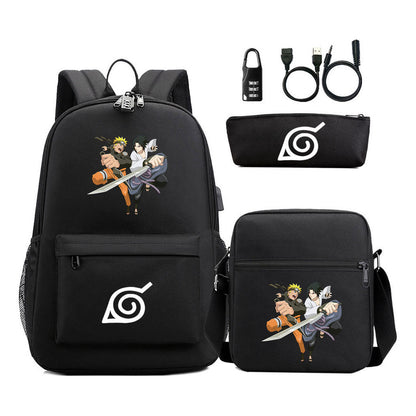 Naruto Usb Password Lock Backpack Three Piece Set For Men And Women Backpack Set