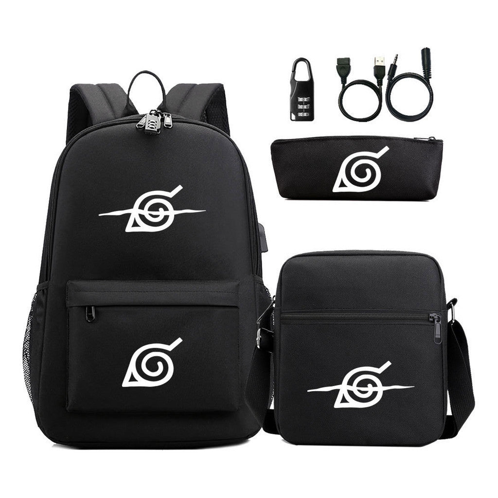 Fashionable Naruto Usb Password Lock Youth Student School Bag Three Piece Backpack Set