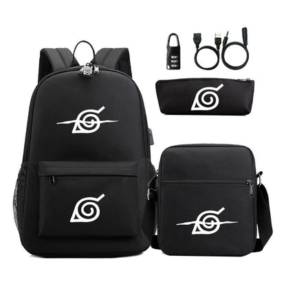 Fashionable Naruto Usb Password Lock Youth Student School Bag Three Piece Backpack Set