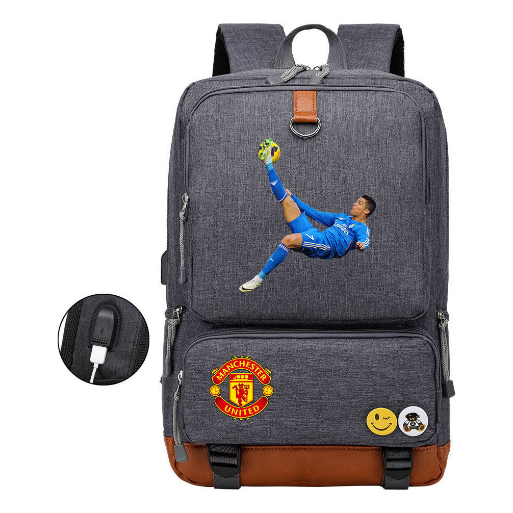 Football Star Cristiano Ronaldo Printed Usb Youth Student Backpack For Boys And Girls Leisure Travel Backpack