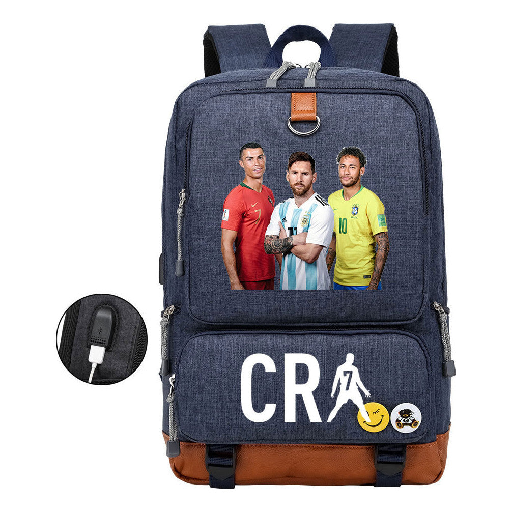 Football Star Cristiano Ronaldo Printed Usb Student Backpack For Leisure Travel Backpack