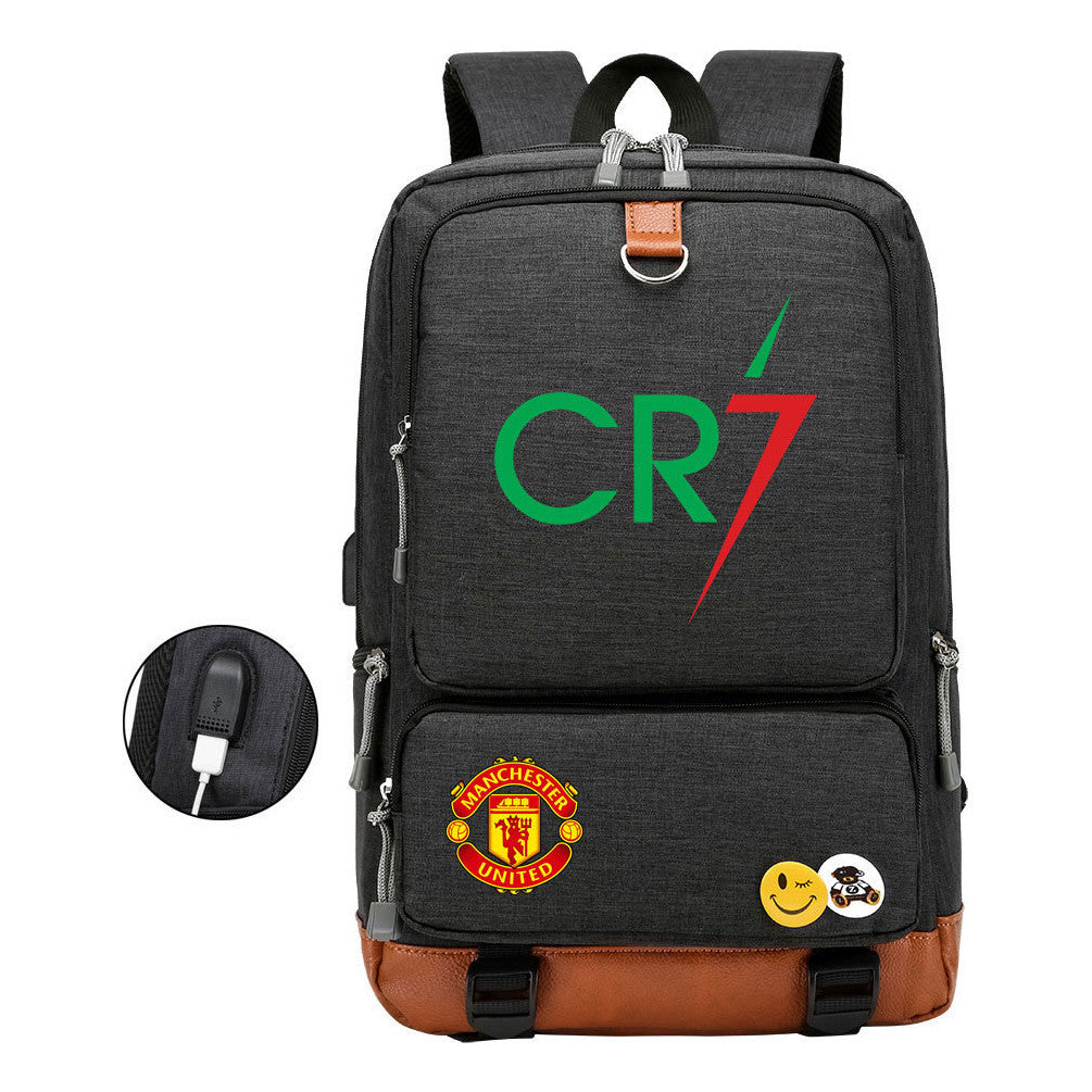 Football Star Cristiano Ronaldo Printed Usb Youth Backpack For Leisure Travel Backpack