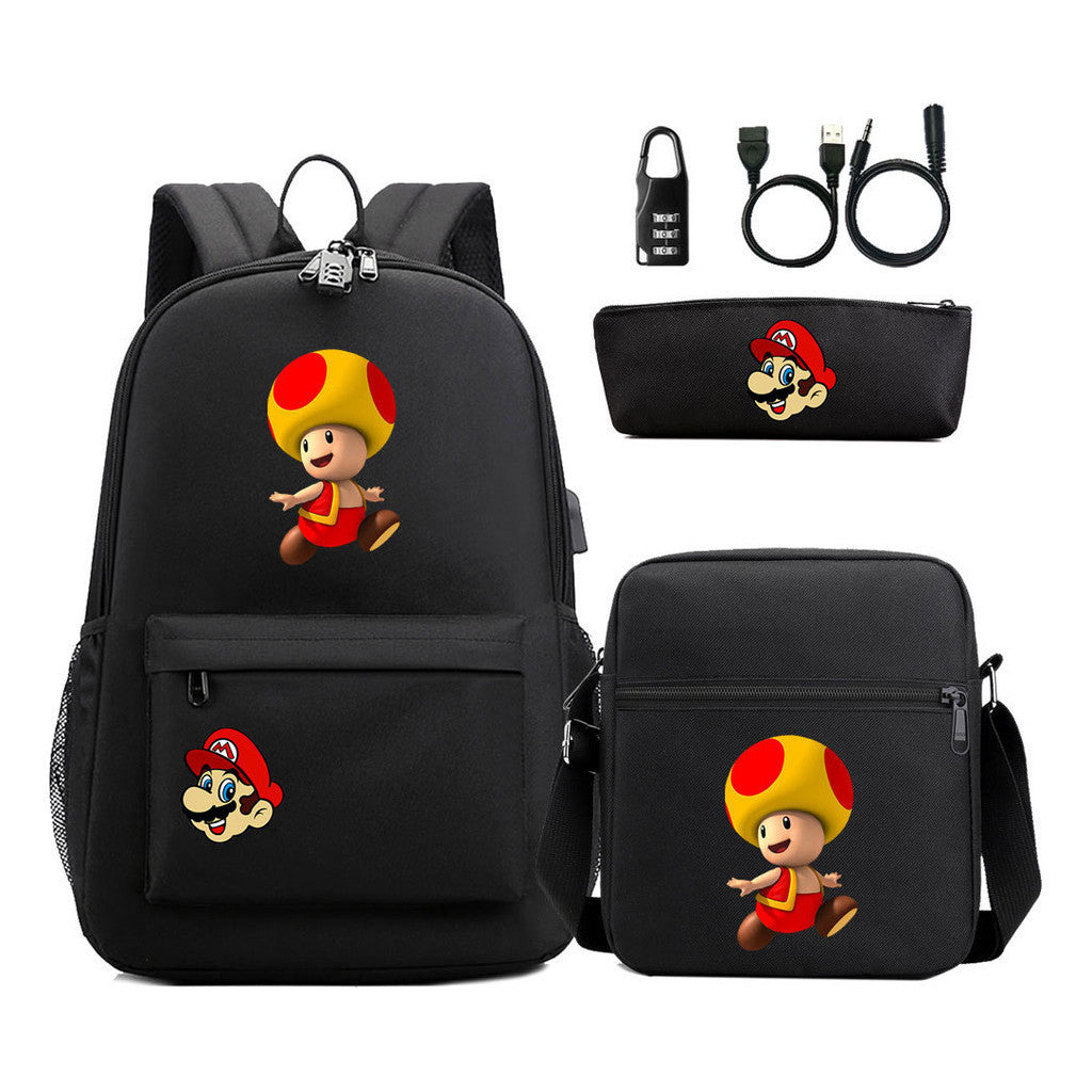 Super Mario Usb Password Lock Youth Student Backpack 3-piece Set For Men And Women Backpacks
