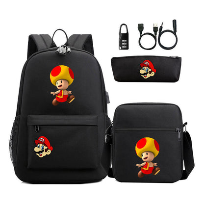 Super Mario Usb Password Lock Youth Student Backpack 3-piece Set For Men And Women Backpacks