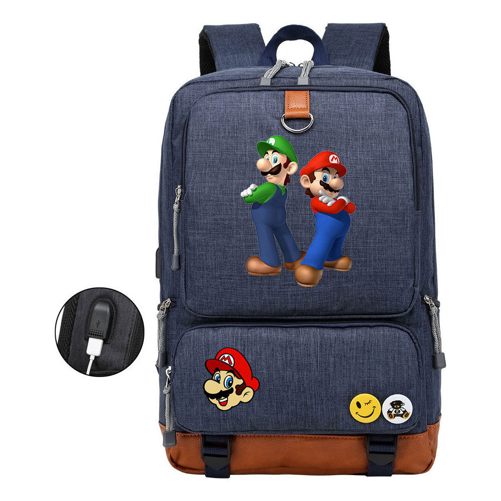 Super Mario Printed Usb Youth Student Backpack For Leisure Travel Backpack