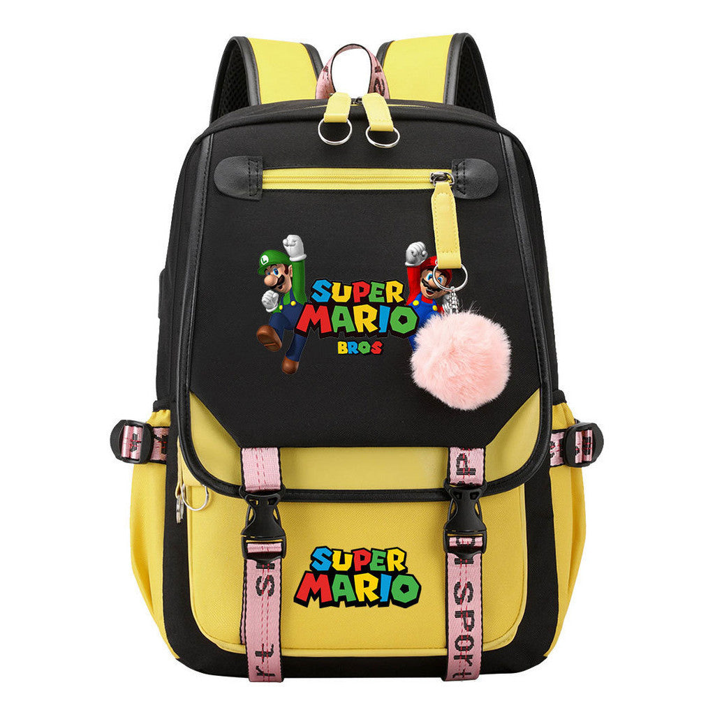 Super Mario Printed Usb Youth Student Backpack For Men And Women With Casual Woven Strap Flap Backpack
