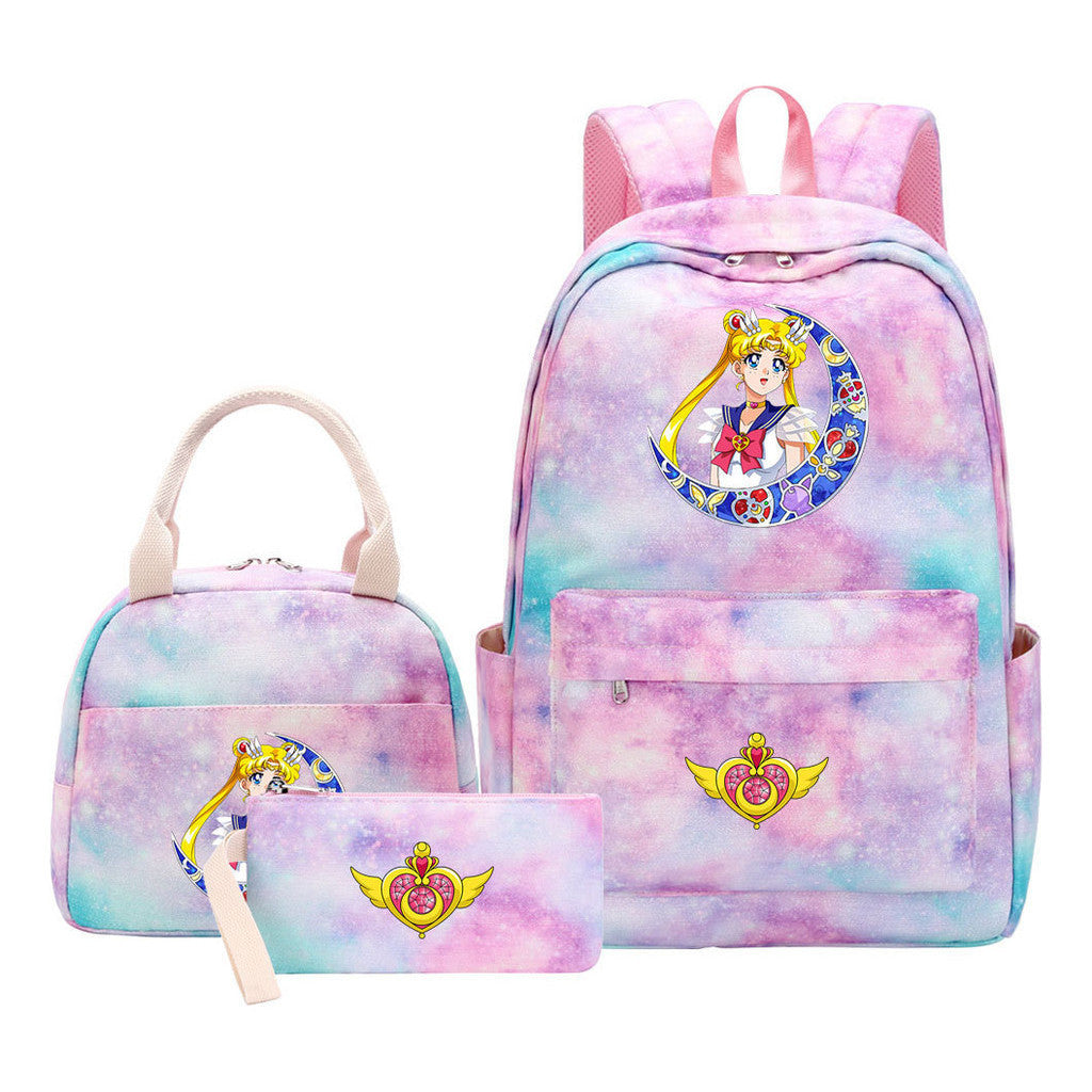 Anime Beauty Girl Warrior Student Girls School Bag Lunch Bag Three Piece Set Backpack Set