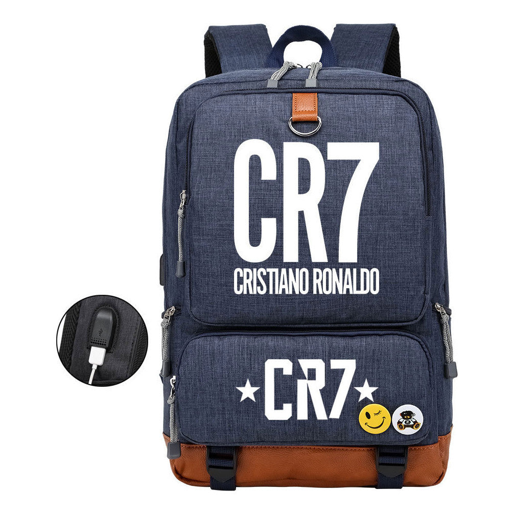 Football Star Cristiano Ronaldo Printed Usb Student Backpack For Boys And Girls Leisure Travel Backpack