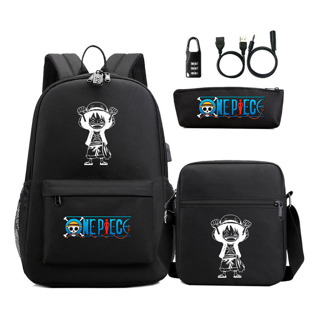 Cartoon Pirate King Usb Password Lock Youth Student School Bag Three Piece Set For Boys And Girls Backpack Set
