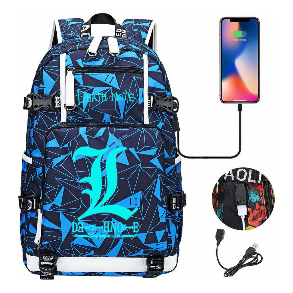 Blue Night Light Death Note Usb Youth Student School Bag Men's And Women's Leisure Travel Backpack
