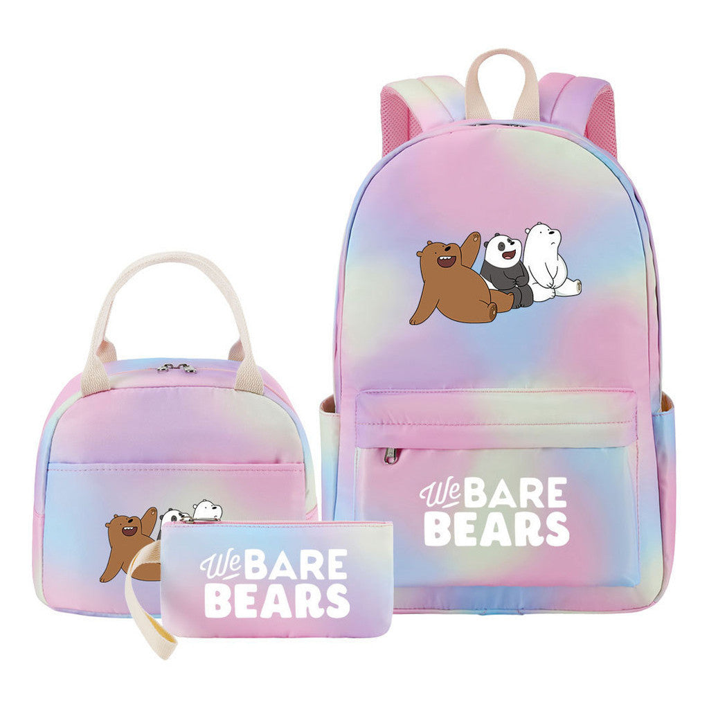 Cartoon Cute Three Bears Youth Student Girls School Bag Lunch Bag Three Piece Set Backpack Set