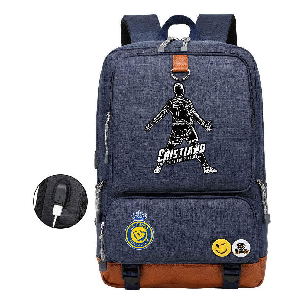 Football Star Cristiano Ronaldo Printed Usb Youth Student Backpack For Leisure Travel Backpack
