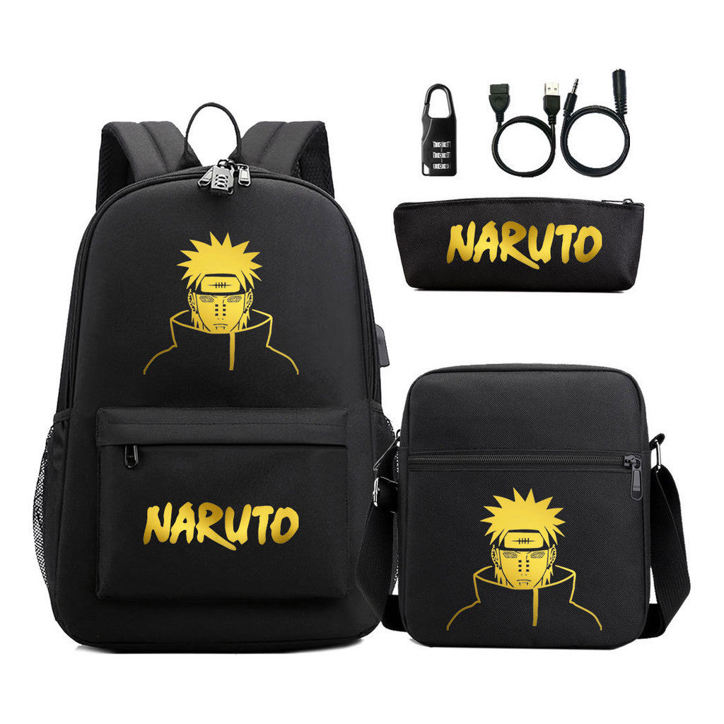 Golden Naruto Usb Password Lock Teenage Student School Bag Three Piece Backpack Set