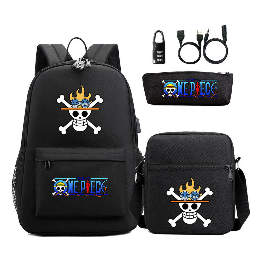 Cartoon Pirate King Usb Password Lock Youth Student Backpack Three Piece Set Backpack