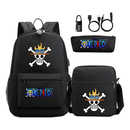 Cartoon Pirate King Usb Password Lock Youth Student Backpack Three Piece Set Backpack
