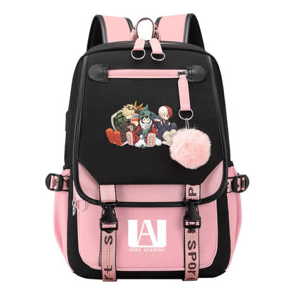 Comics My Heroes Academy Usb Student Backpack Casual Ribbon Flip Backpack
