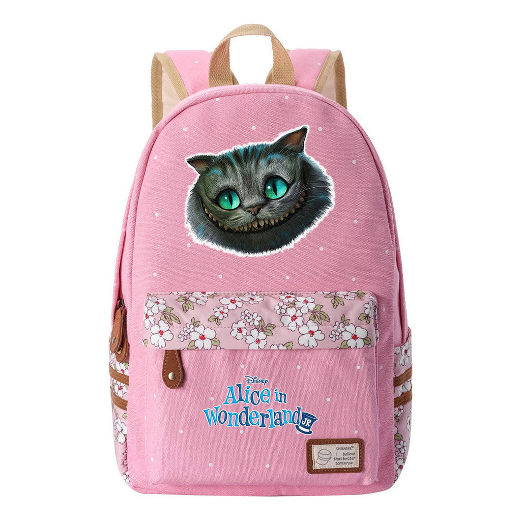 Anime Cartoon Cheshire Cat Print Youth Student Backpack With Floral Casual Backpack