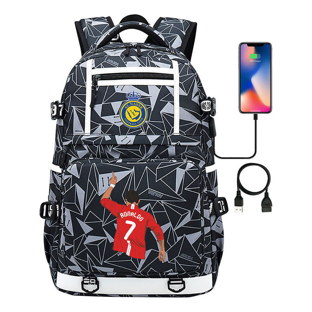 Football Star Cristiano Ronaldo Printed Usb Youth Student Backpack For Men And Women, Backpack For Leisure Travel