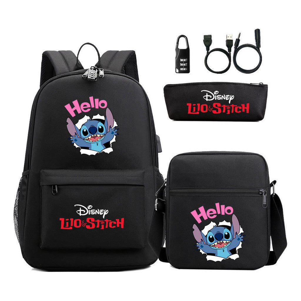 Interstellar Baby Stitch Usb Password Lock Youth Student Backpack 3-piece Set For Men And Women Backpacks
