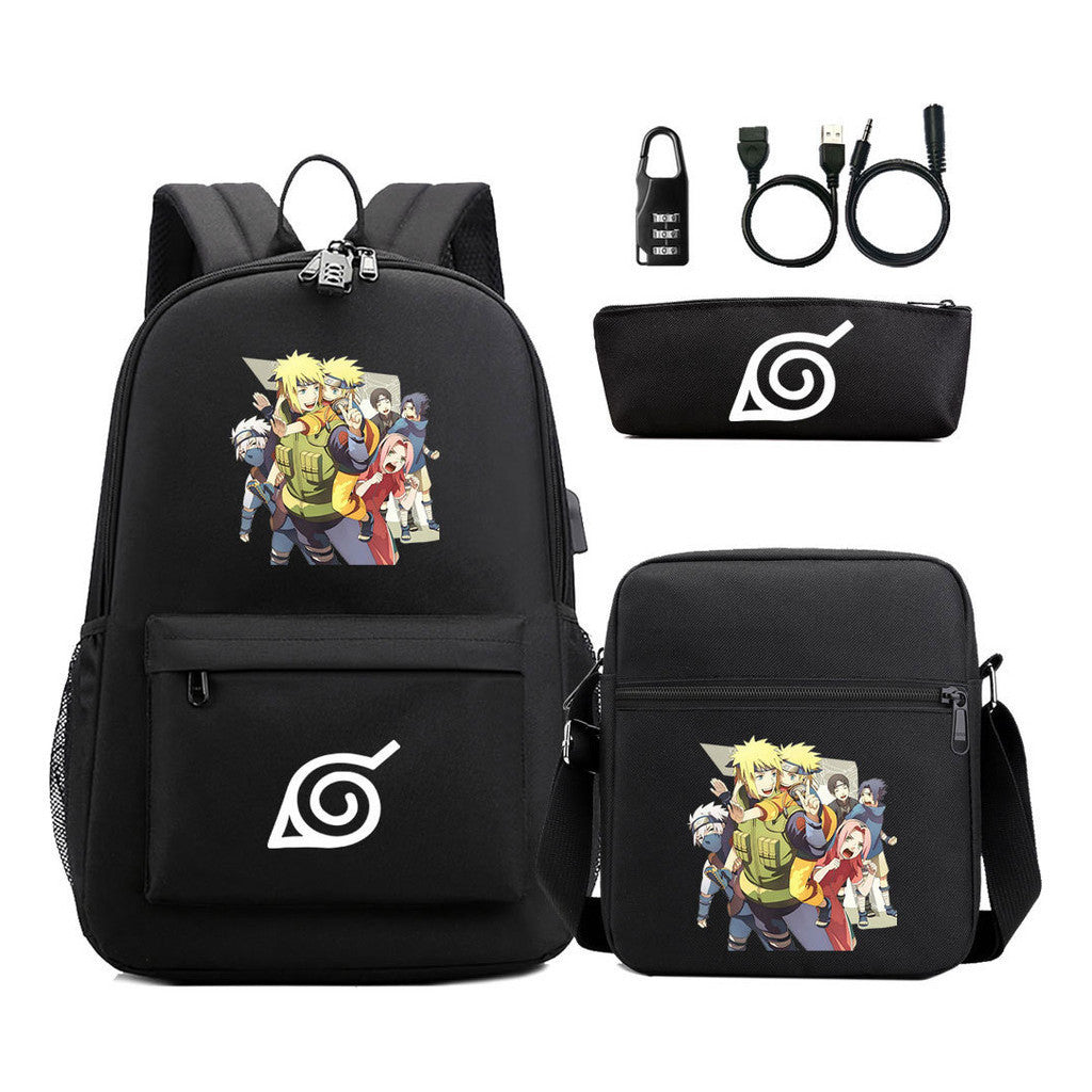 Naruto Usb Password Lock Youth Student Backpack Three Piece Set For Men And Women Backpack Set