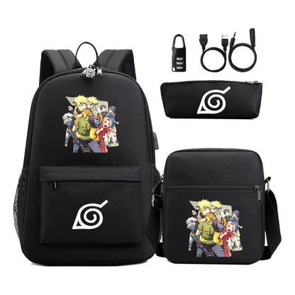 Naruto Usb Password Lock Youth Student Backpack Three Piece Set For Men And Women Backpack Set