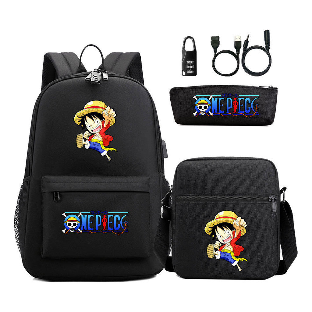 Cartoon Pirate King Usb Password Lock Youth Student Backpack Three Piece Set Backpack